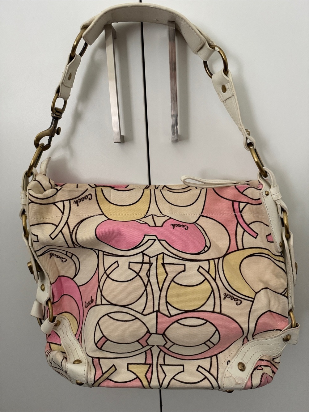 Coach Pink, Cream & Yellow Signature Shoulder Bag